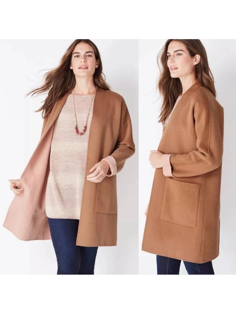J. Jill Shire Reversible Double-Faced Coat Relaxed sz L Wool Camel Pink $269